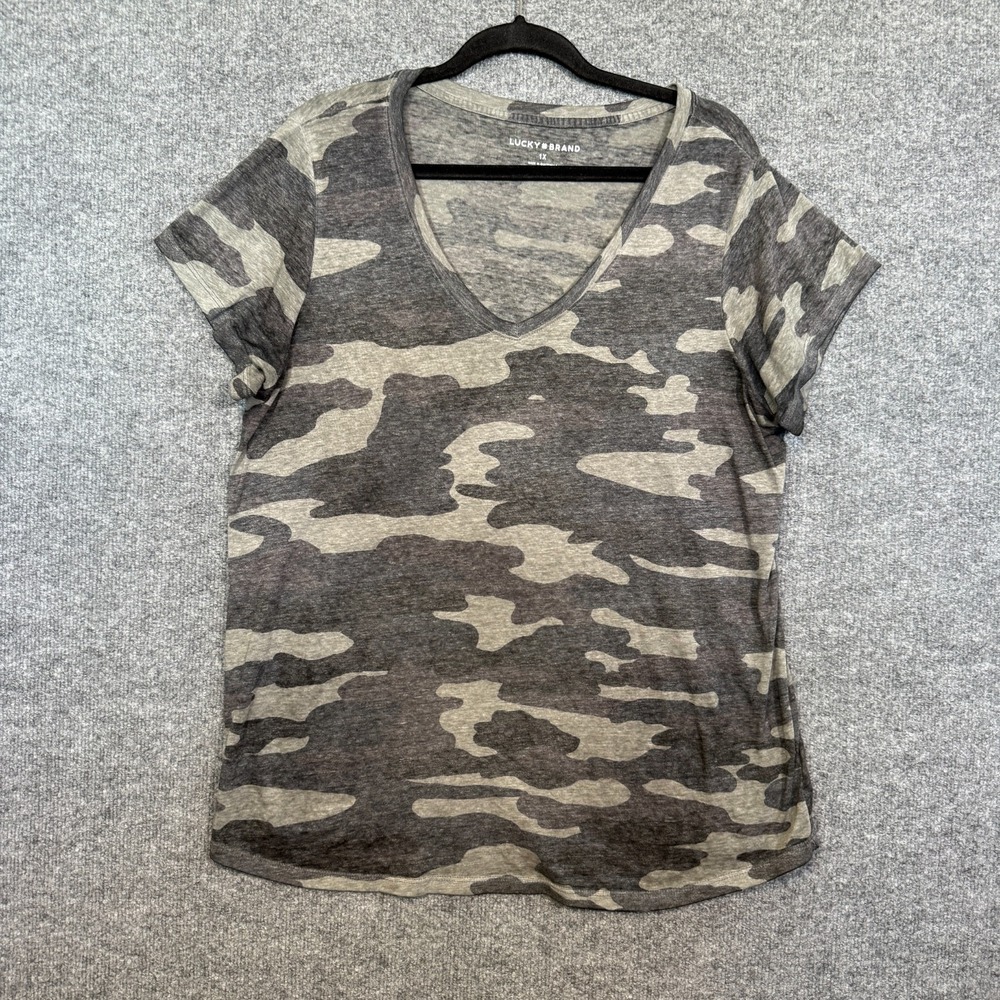 Lucky Brand Shirt Womens 1X Green Camouflage Tshirt Vneck Burnout Plus Size
